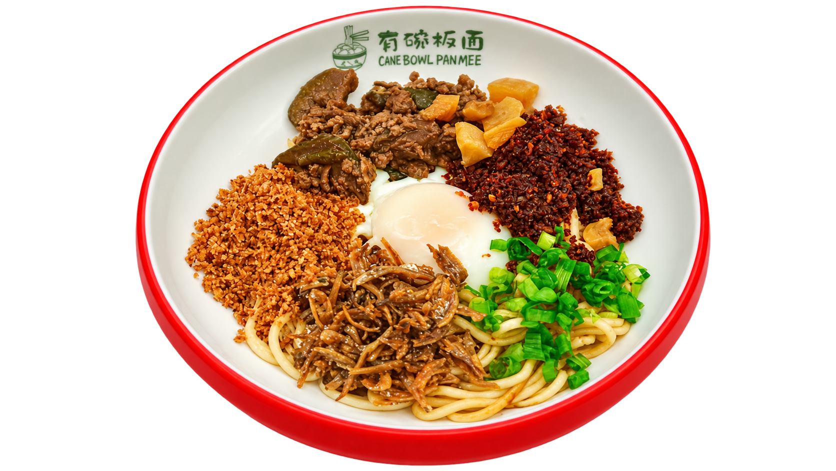 招牌辣椒板面,配溏心蛋、肉碎和虾米辣椒